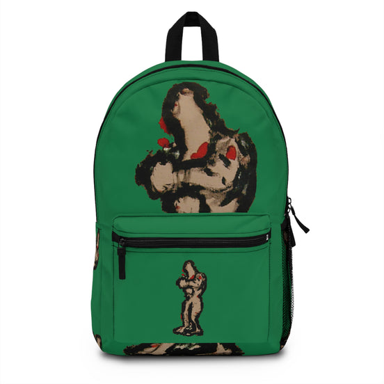 Abstract deep brown skin figure on dark green background backpack, inTenseA artwork by WG Patrick Studios.