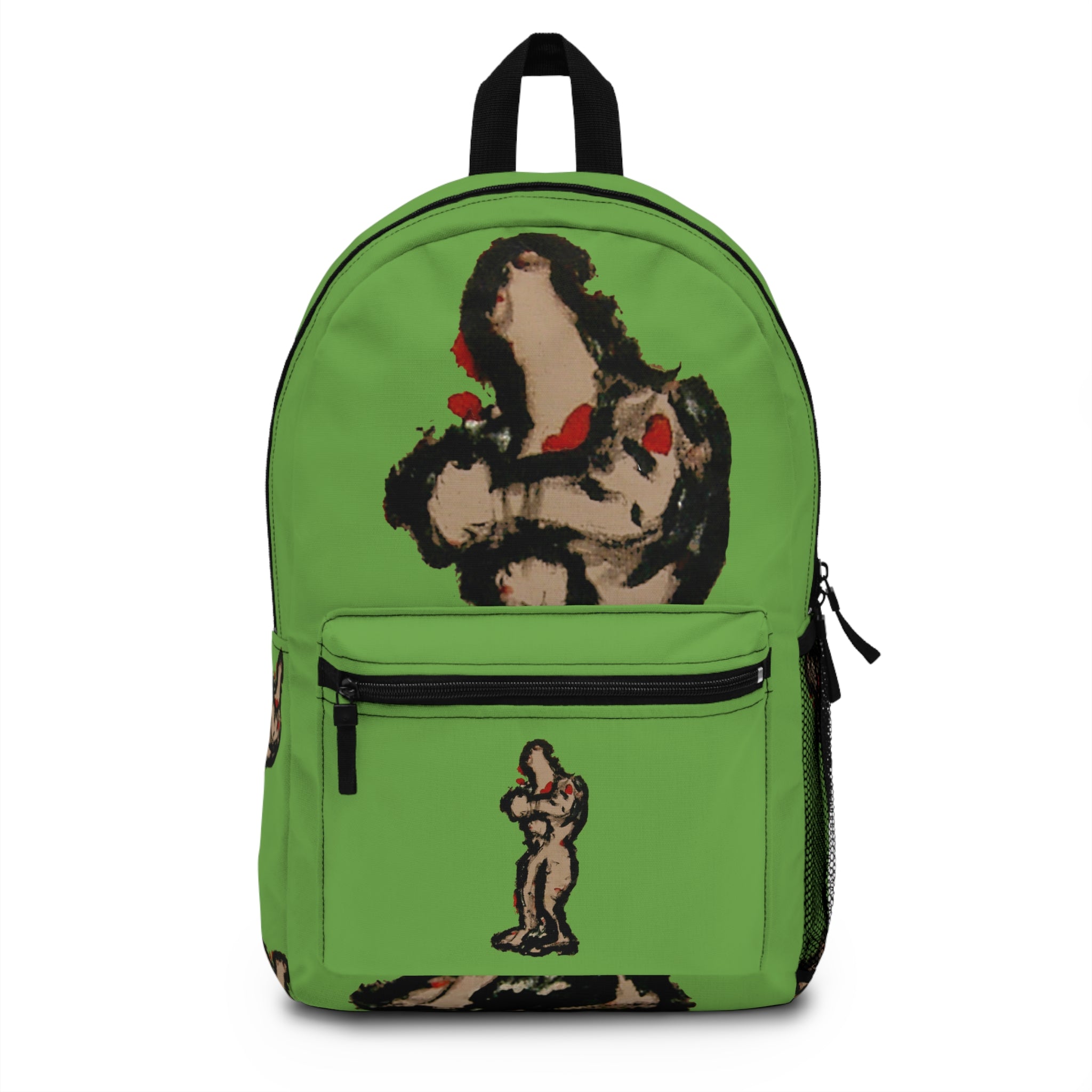 Abstract deep brown skin figure on green background backpack, inTenseA artwork by WG Patrick Studios.