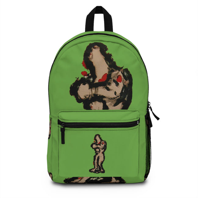 Abstract deep brown skin figure on green background backpack, inTenseA artwork by WG Patrick Studios.