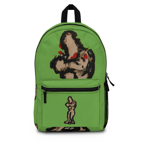 Abstract deep brown skin figure on green background backpack, inTenseA artwork by WG Patrick Studios.