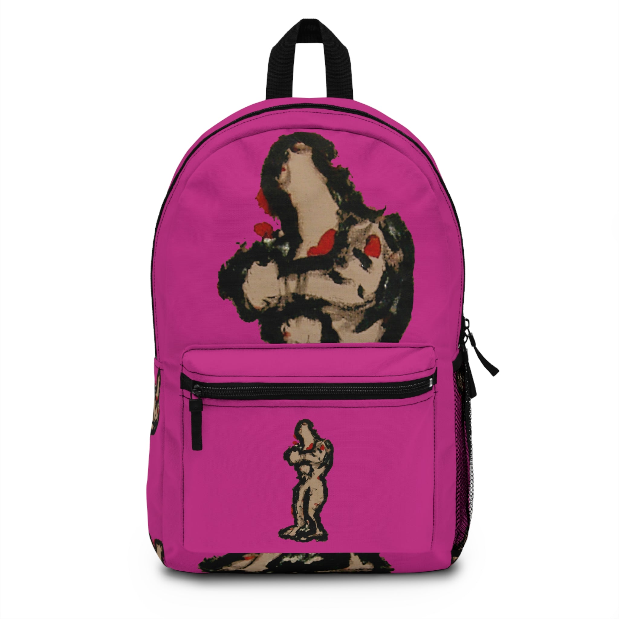 Abstract deep brown skin figure on hot pink background backpack, inTenseA artwork by WG Patrick Studios.