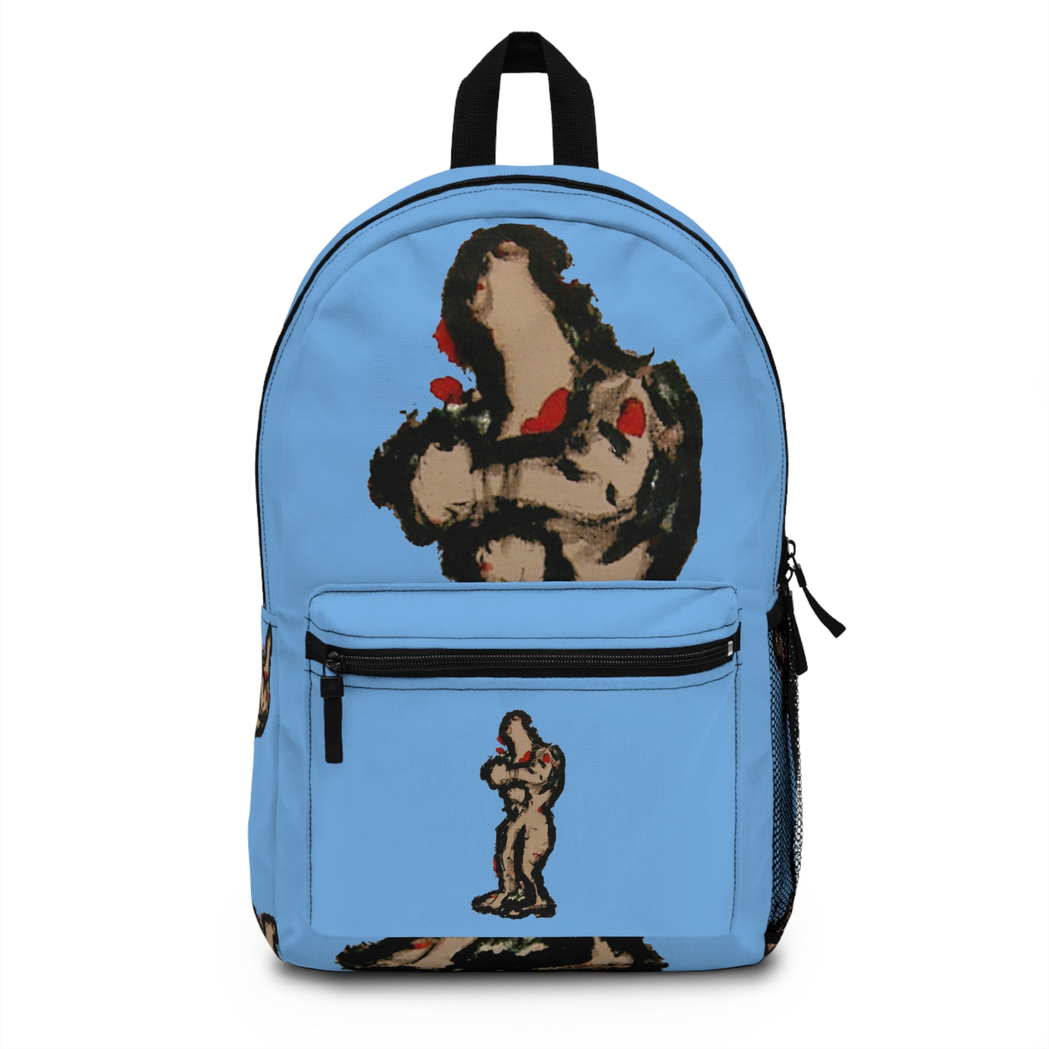 Abstract deep brown skin figure on light blue background backpack, inTenseA artwork by WG Patrick Studios.