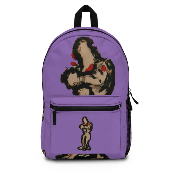 Abstract deep brown skin figure on light purple background backpack, inTenseA artwork by WG Patrick Studios.
