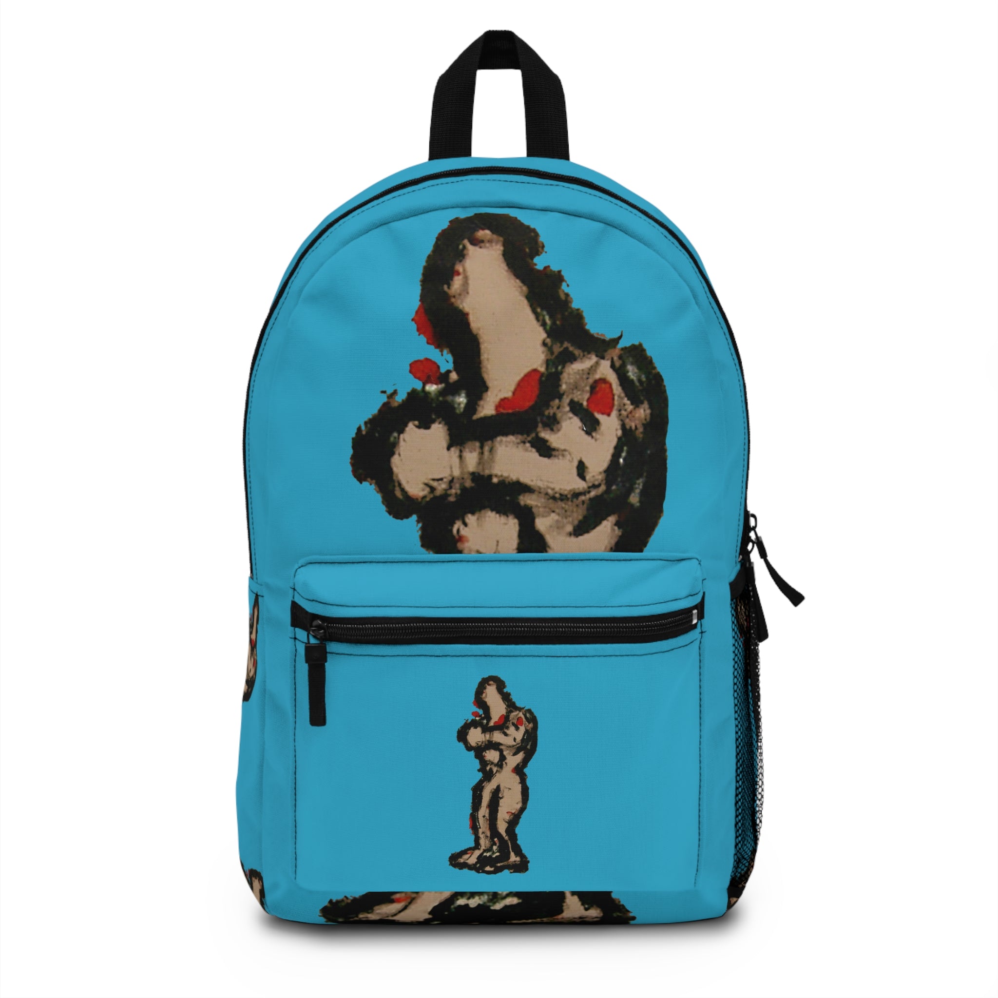 Abstract deep brown skin figure on turquoise background backpack, inTenseA artwork by WG Patrick Studios.