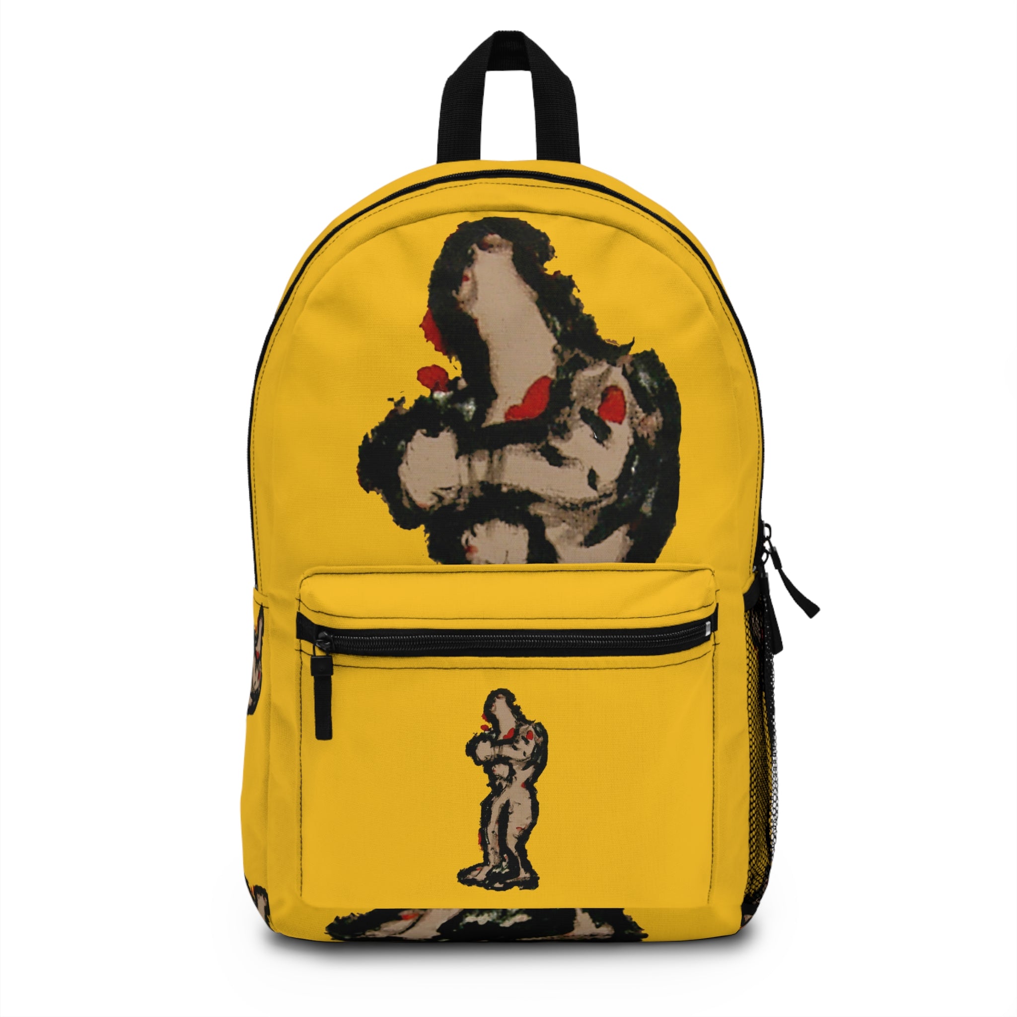 Abstract deep brown skin figure on yellow background backpack, inTenseA artwork by WG Patrick Studios.