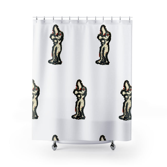 Fabric shower curtain with repeating abstract figure pattern from the inTense(s) series by WG Patrick Studios.