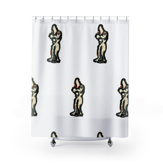Fabric shower curtain with repeating abstract figure pattern from the inTense(s) series by WG Patrick Studios.