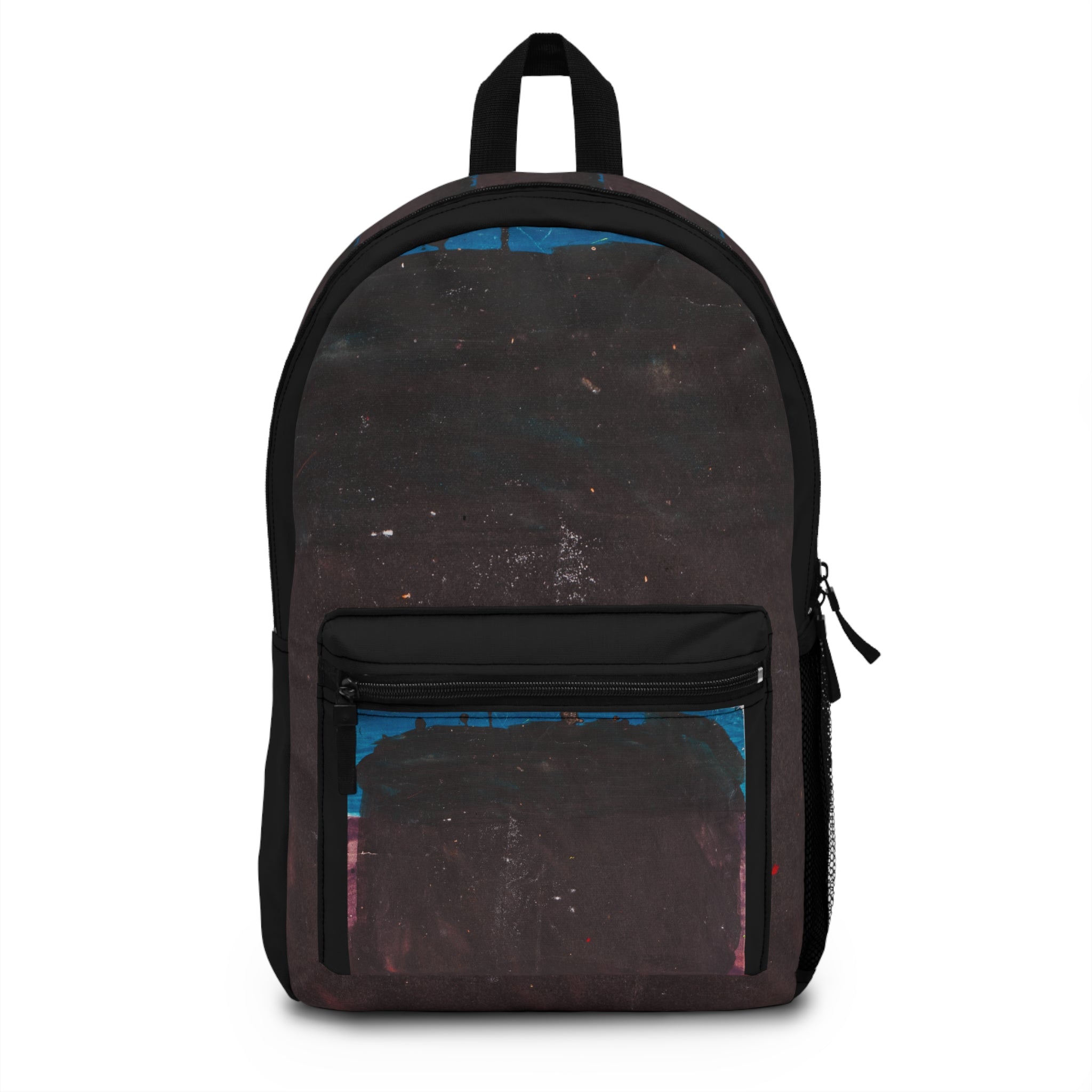Abstract painted mountain range backpack in black and charcoal tones, Mountain Range artwork by WG Patrick Studios.
