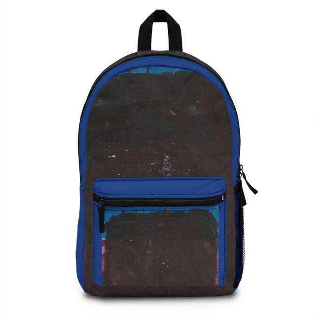Abstract painted mountain range backpack with blue accents, Mountain Range artwork by WG Patrick Studios.