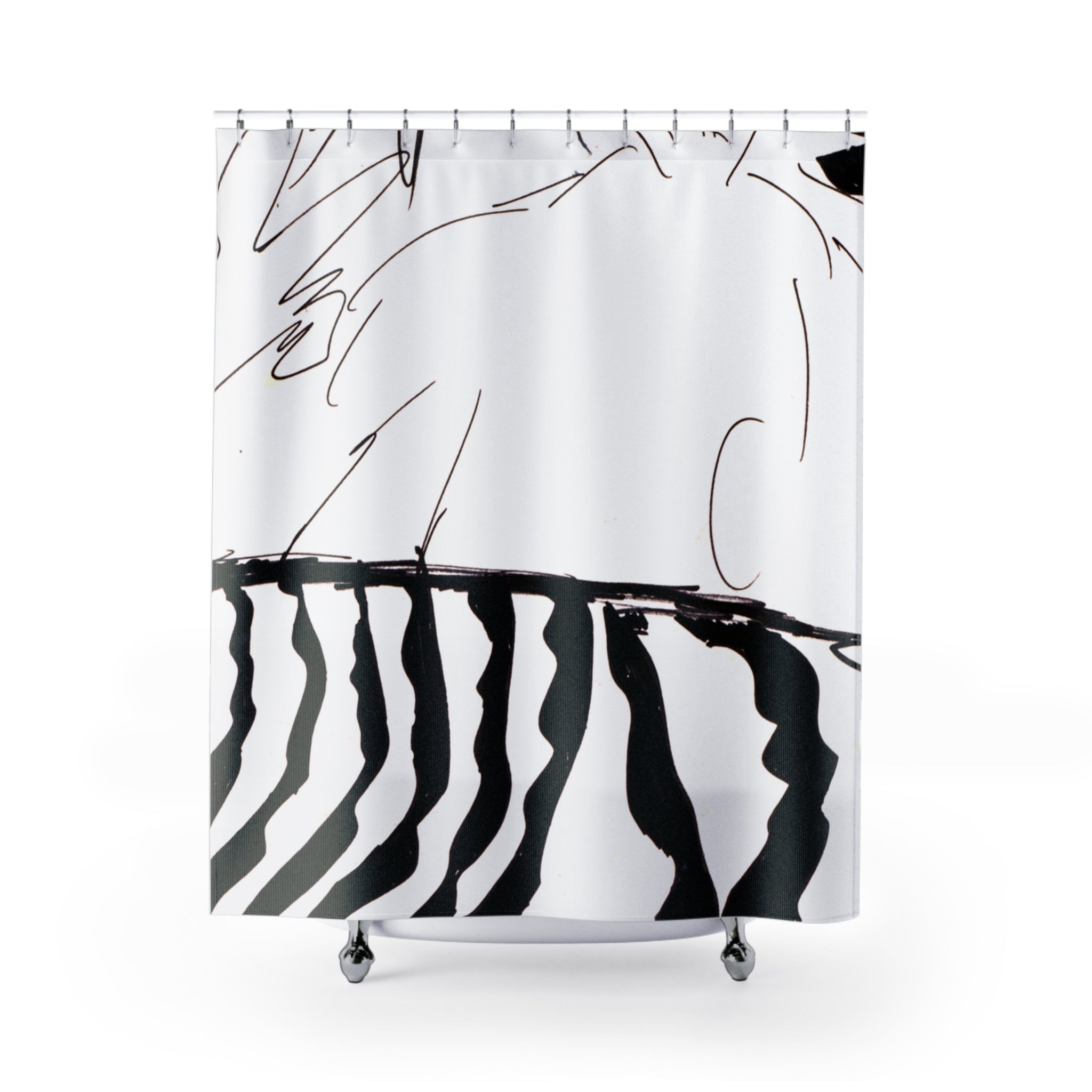 Black and white abstract line drawing shower curtain with bold graphic pattern