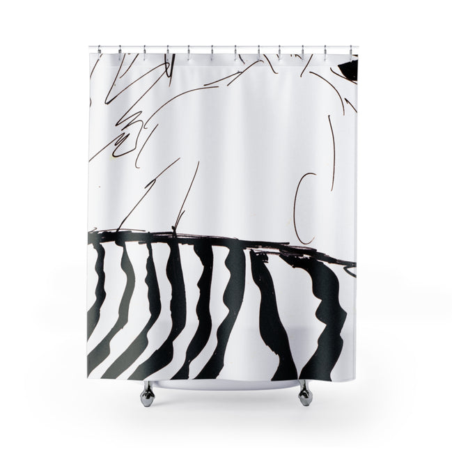 Black and white abstract line drawing shower curtain with bold graphic pattern