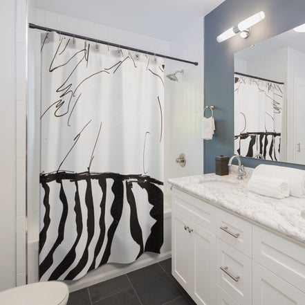 Modern bathroom styled with a black and white abstract line drawing shower curtain