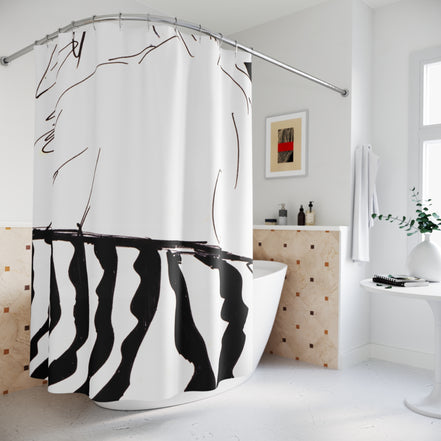 Statement black and white shower curtain featuring minimalist graphic line artwork in a contemporary bathroom