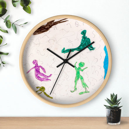 Playground abstract figures wall clock with playful hand-drawn line art in green and purple on a light face, black hands, and a natural wood frame, styled as modern wall decor.