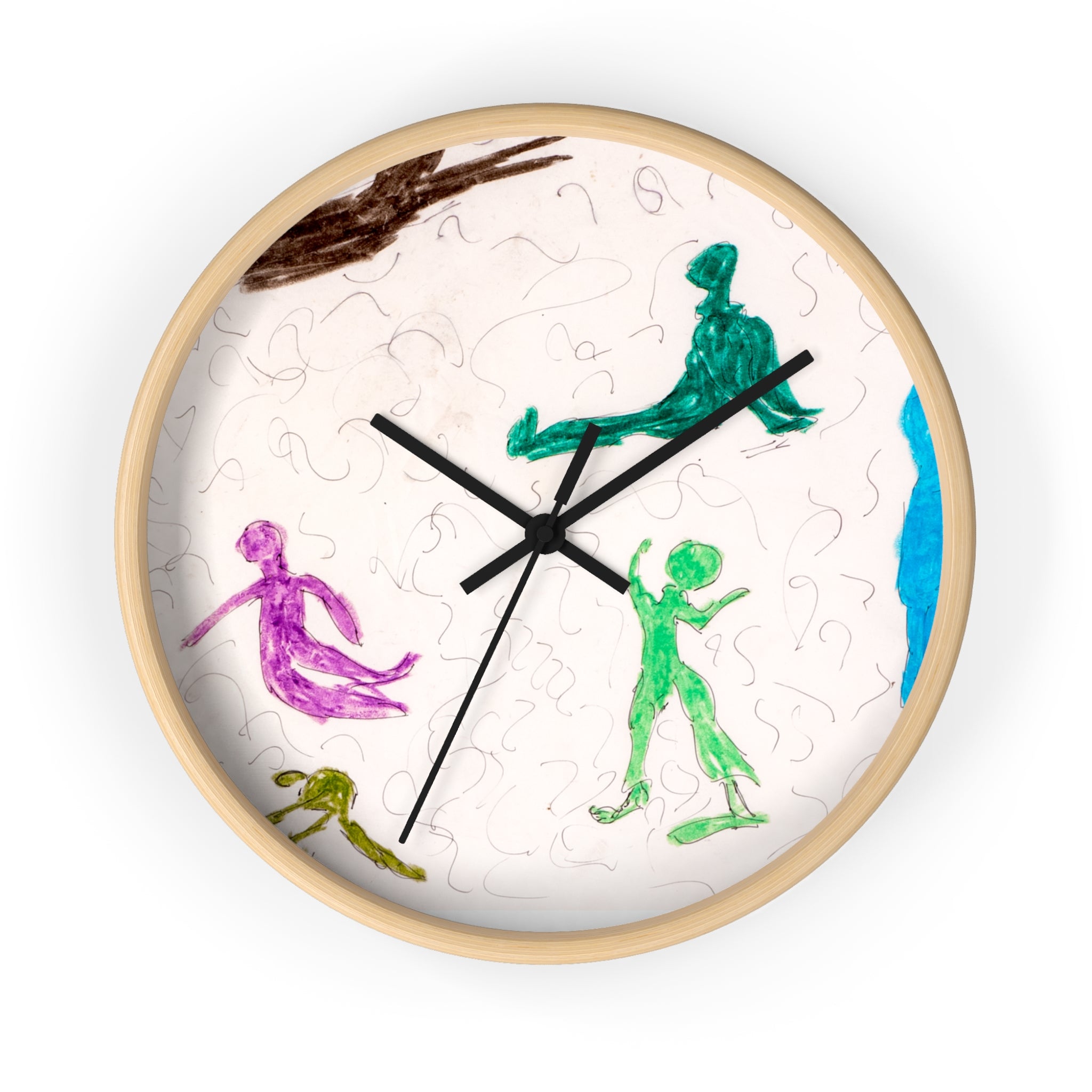 Playground hand-drawn figures wall clock with colorful minimalist line art on a light background, black hands, and a wood frame — playful modern wall decor.