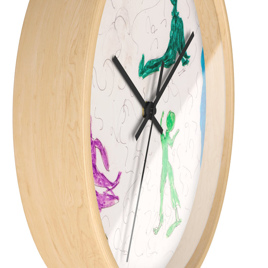 Side view of Playground designer wall clock showing natural wood frame depth, black hands, and colorful abstract figure line art on a light background.