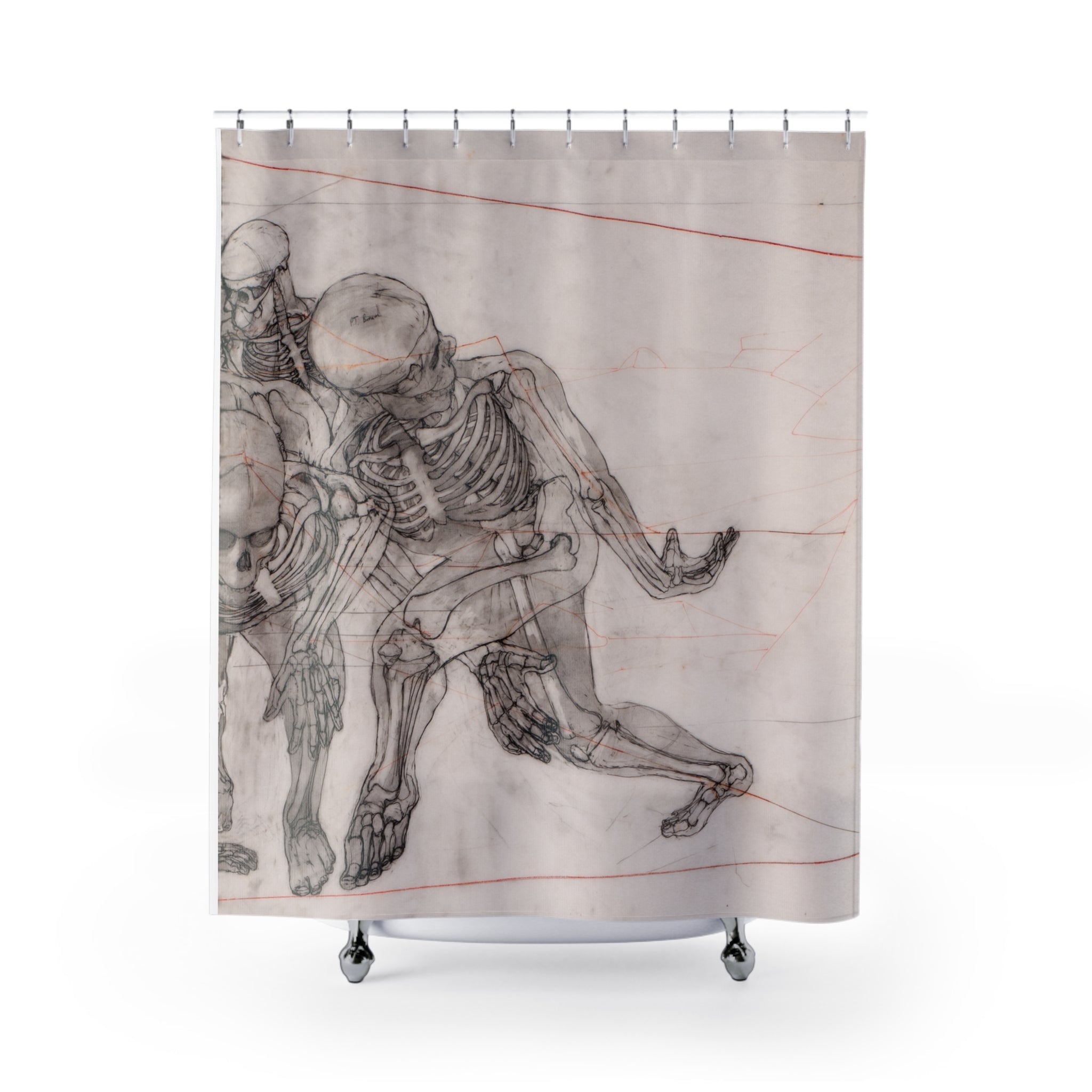 Fabric shower curtain with multiple anatomical figures drawn in line, Saginaw 2 artwork by WG Patrick Studios.
