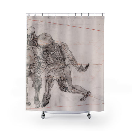 Fabric shower curtain with multiple anatomical figures drawn in line, Saginaw 2 artwork by WG Patrick Studios.