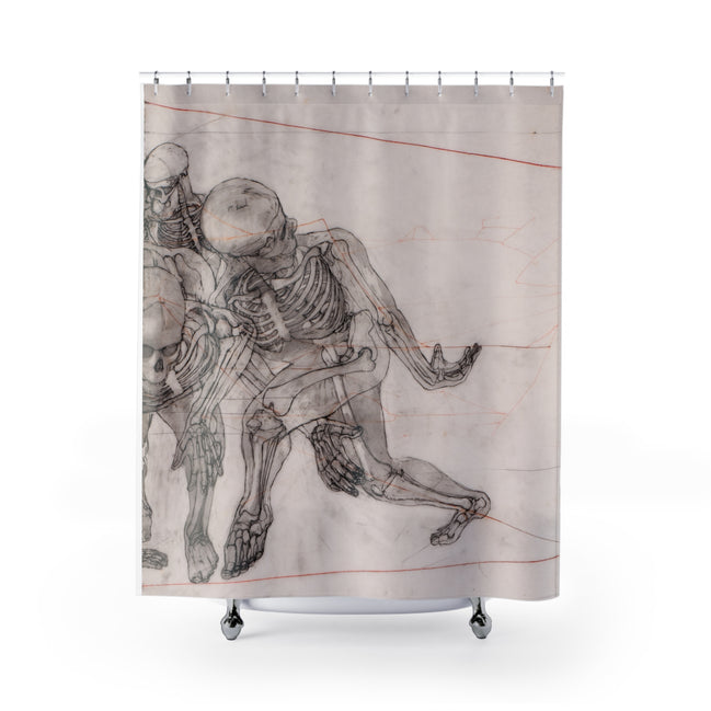 Fabric shower curtain with multiple anatomical figures drawn in line, Saginaw 2 artwork by WG Patrick Studios.