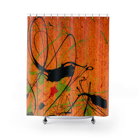 Fabric shower curtain with warm abstract sunset bands of red, orange, and gold by WG Patrick Studios.