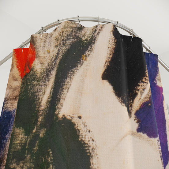 Painterly abstract shower curtain detail with layered brushwork and expressive color contrasts