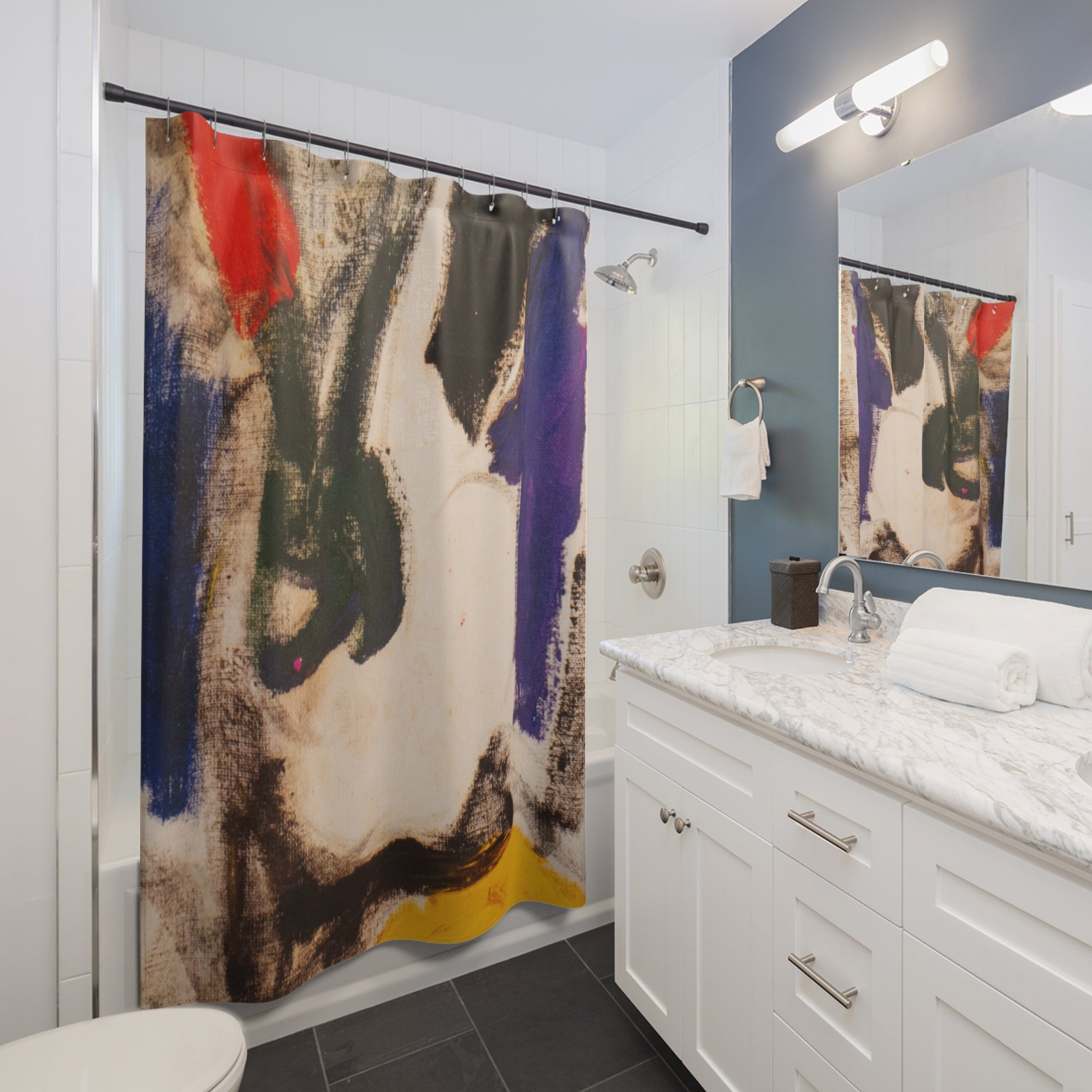 Modern bathroom styled with an abstract expressionist shower curtain as statement decor