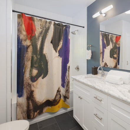 Modern bathroom styled with an abstract expressionist shower curtain as statement decor