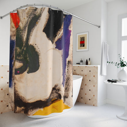 Statement shower curtain featuring expressive abstract painting in a contemporary bathroom setting