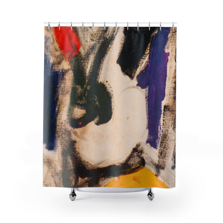 Fabric shower curtain with neutral abstract brushstrokes and red and purple accents, There painting by WG Patrick Studios.