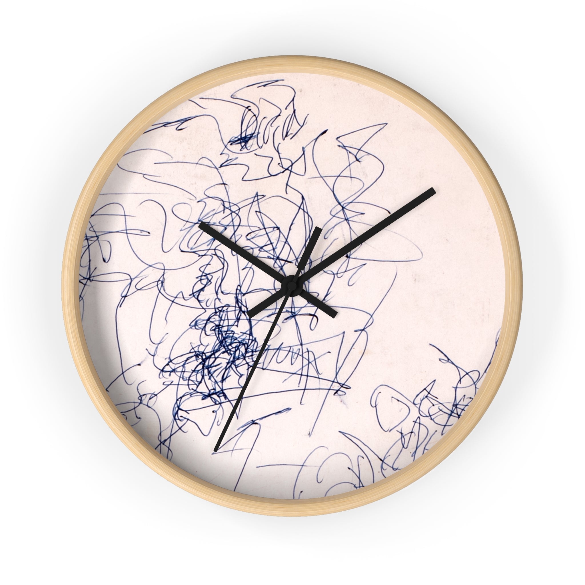 Minimalist abstract line art wall clock in blue on a light neutral background with black hands and a wood frame — modern gallery style wall decor.