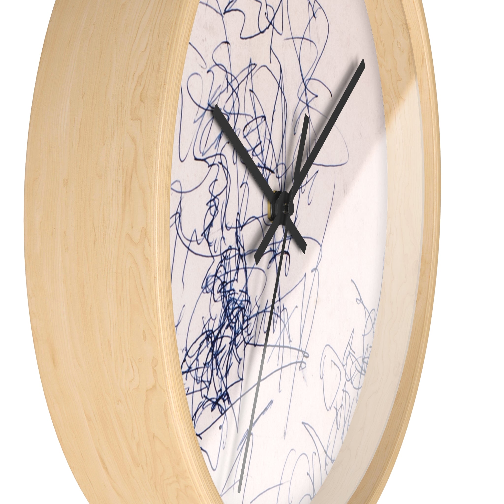 Side view of Time Spent designer wall clock showing natural wood frame depth, black hands, and blue line art on a light neutral face.