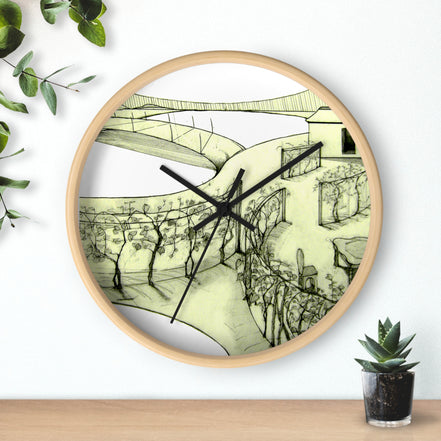 Round Tuscan designer wall clock with a light wood frame featuring green landscape artwork with black linework, mounted on a wall.