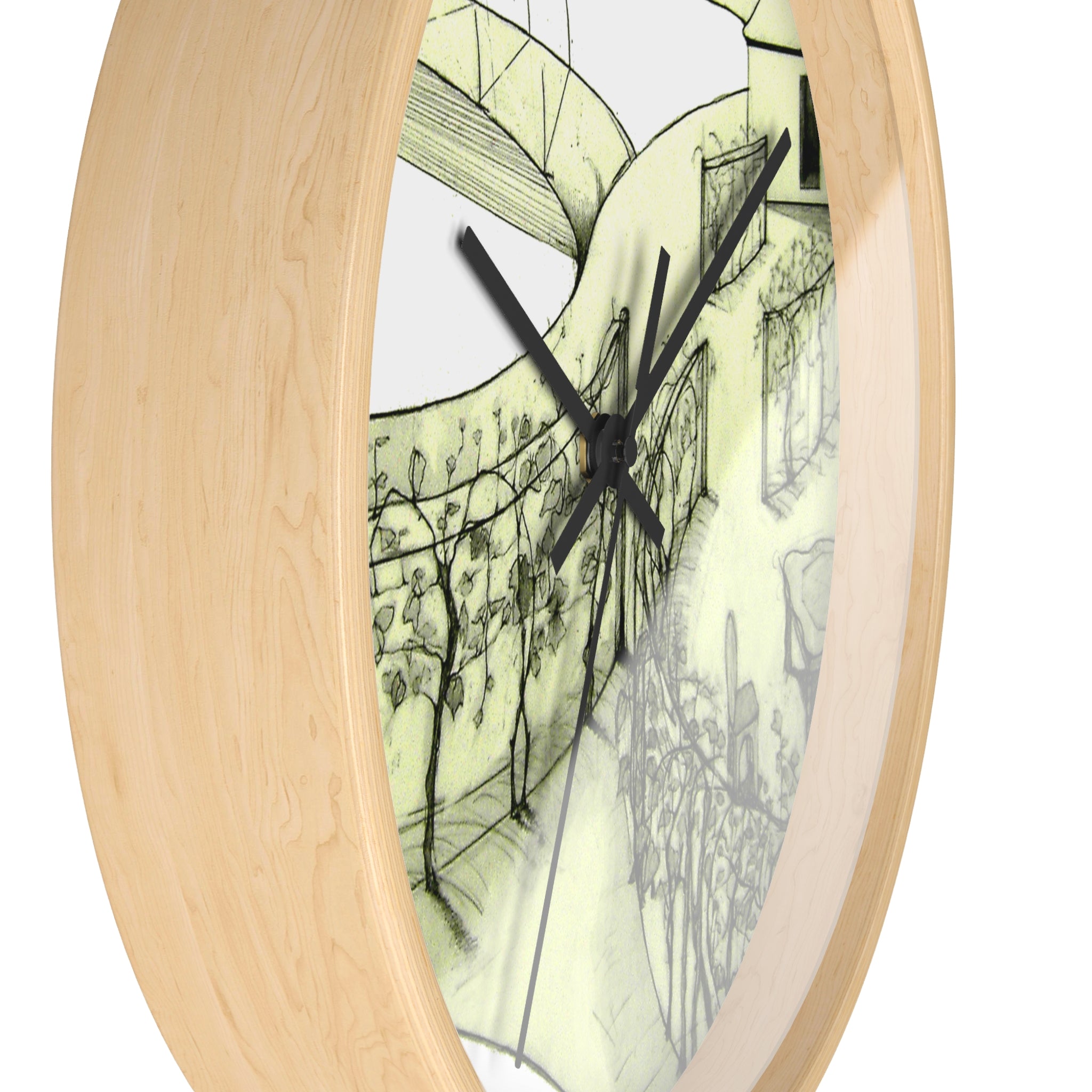 Side view of Tuscan designer wall clock showing light natural wood frame depth and black clock hands.
