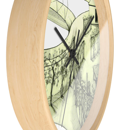 Side view of Tuscan designer wall clock showing light natural wood frame depth and black clock hands.