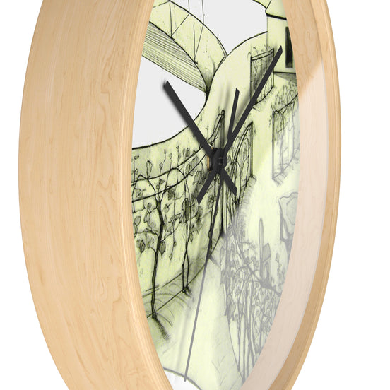 Side view of Tuscan designer wall clock showing light natural wood frame depth and black clock hands.
