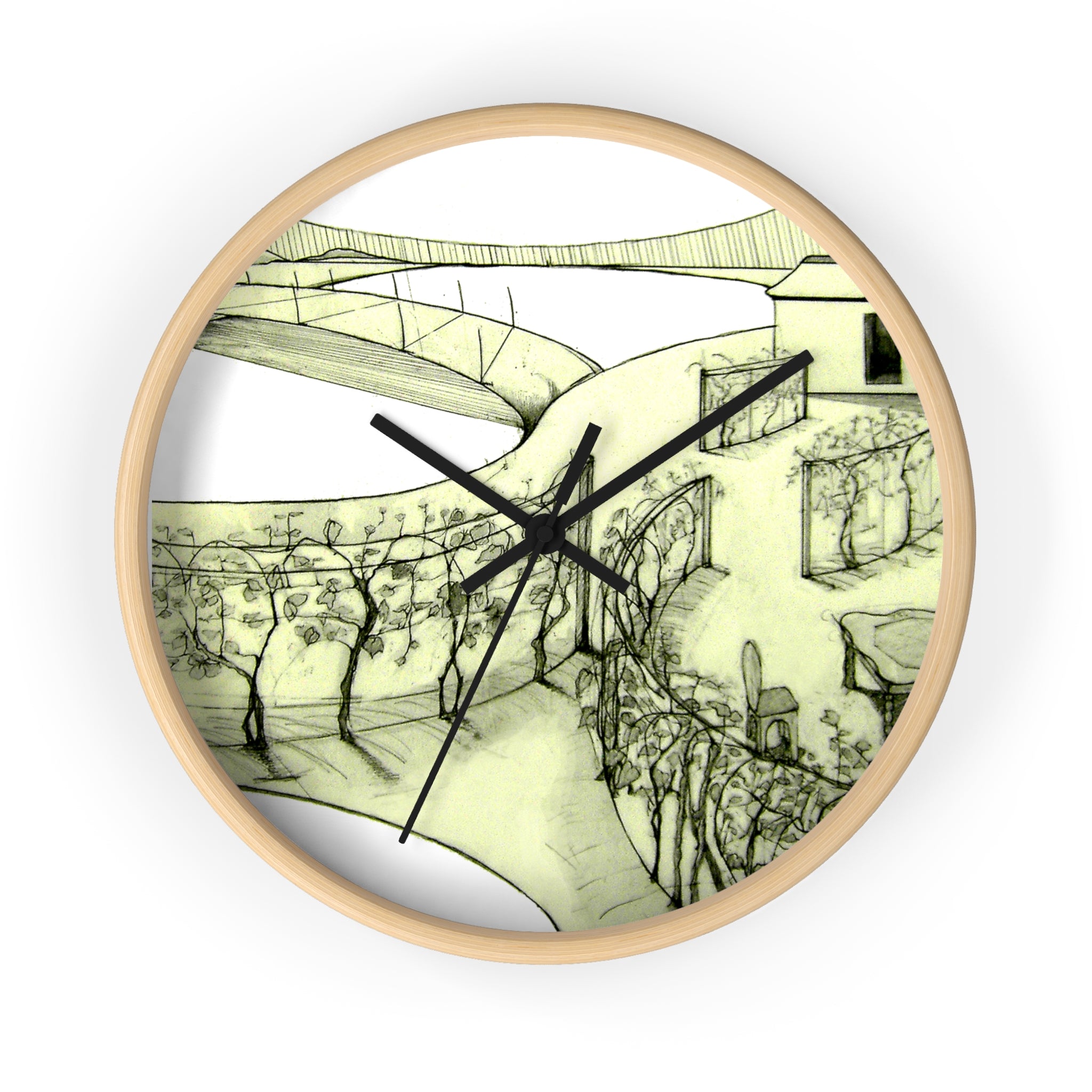 Front view of Tuscan designer wall clock with green landscape illustration and black hands on a white-toned clock face.