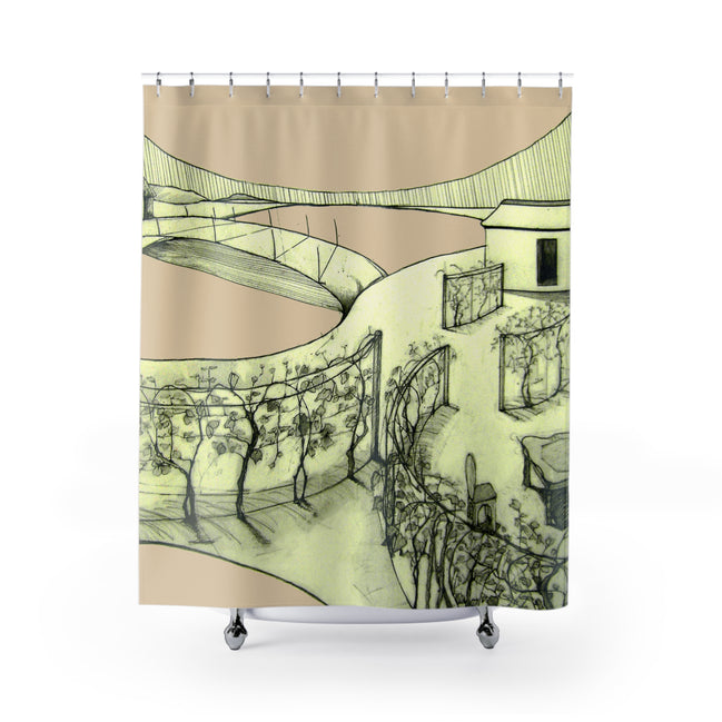 Tuscan cream shower curtain with hand-drawn Mediterranean landscape and green linework