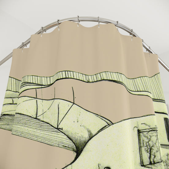 Hand-drawn Tuscan landscape shower curtain in cream tones with green architectural line art