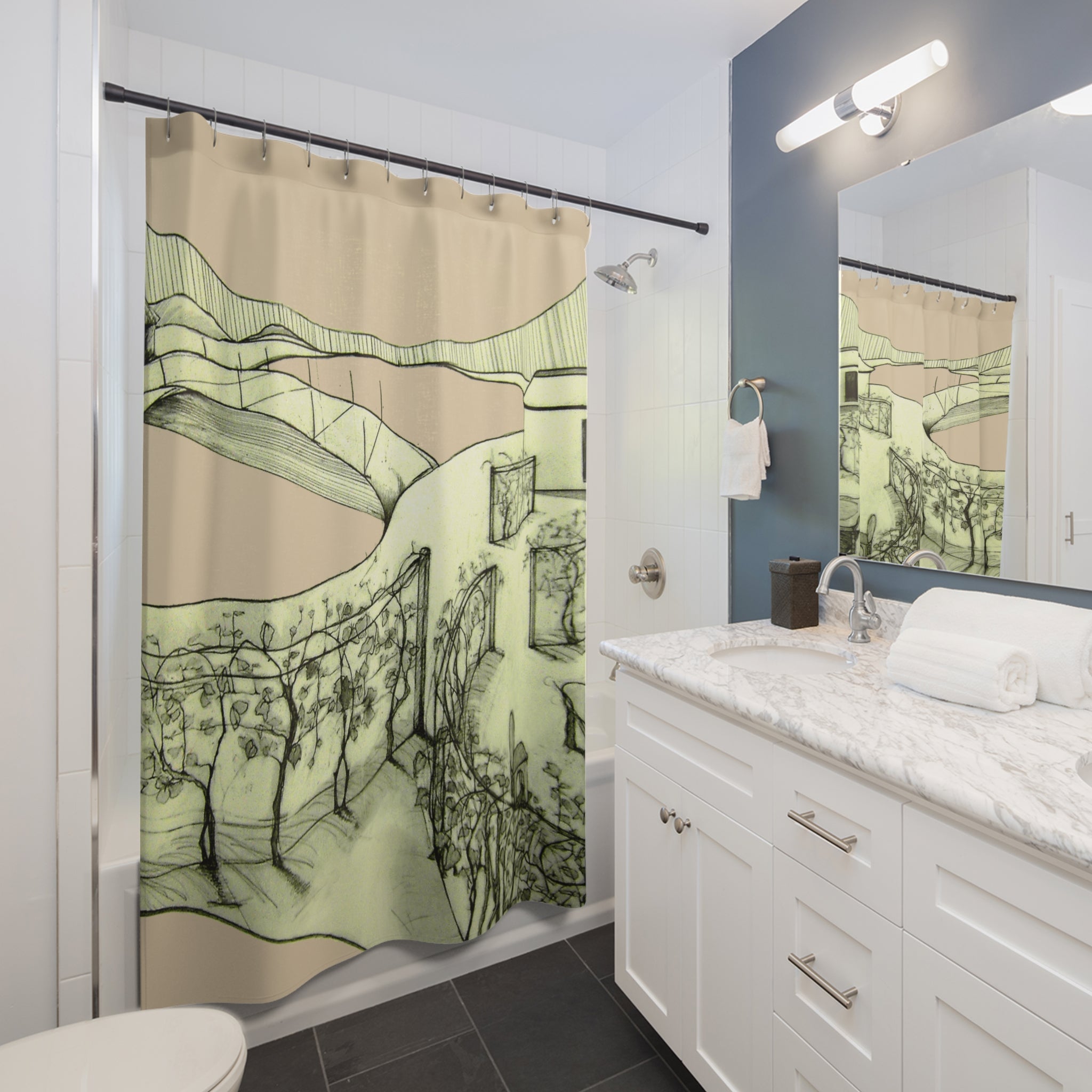 Modern bathroom styled with a Tuscan cream shower curtain featuring abstract Mediterranean landscape art
