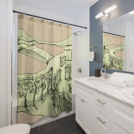 Modern bathroom styled with a Tuscan cream shower curtain featuring abstract Mediterranean landscape art