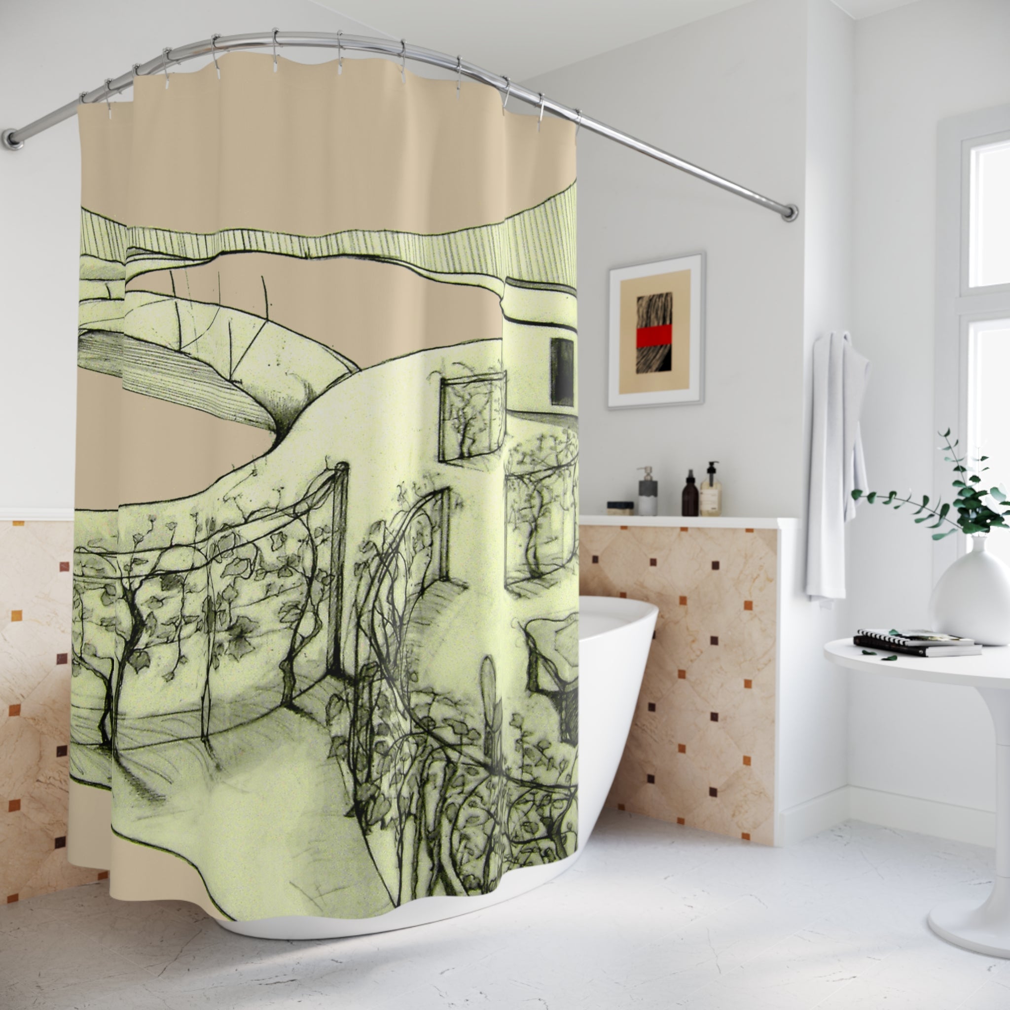 Designer shower curtain with hand-drawn Tuscan landscape artwork in a contemporary bathroom setting