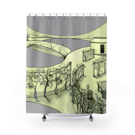 Tuscan grey shower curtain with hand-drawn Mediterranean landscape and green linework illustration