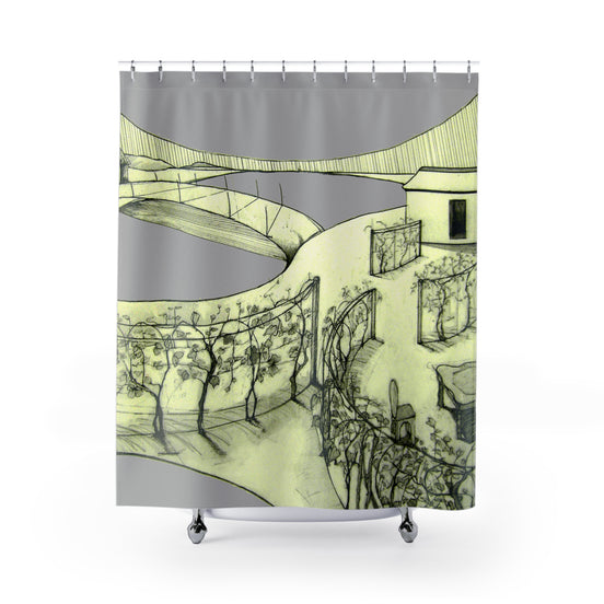 Tuscan grey shower curtain with hand-drawn Mediterranean landscape and green linework illustration