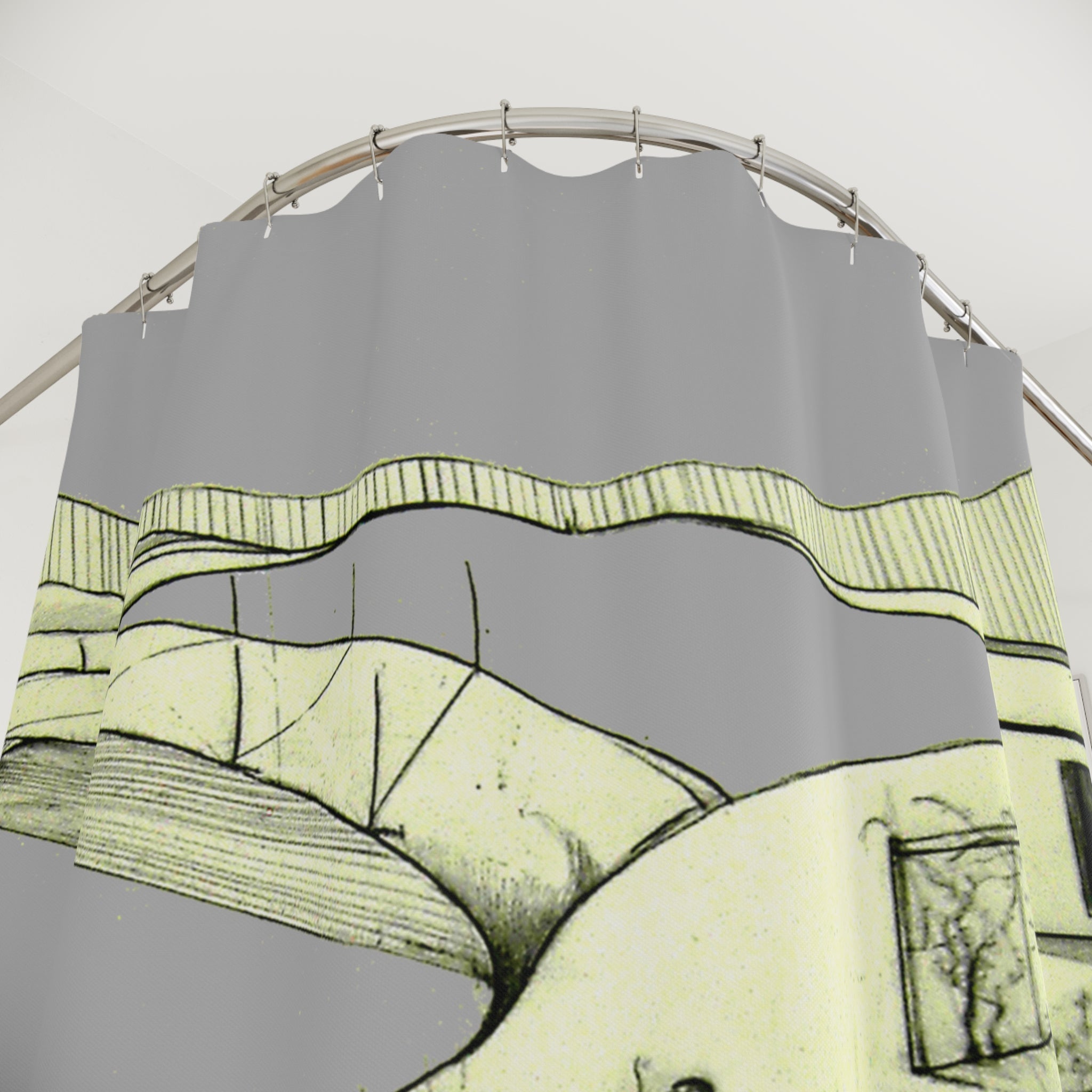 Hand-drawn Tuscan landscape shower curtain detail in grey tones with green architectural line art
