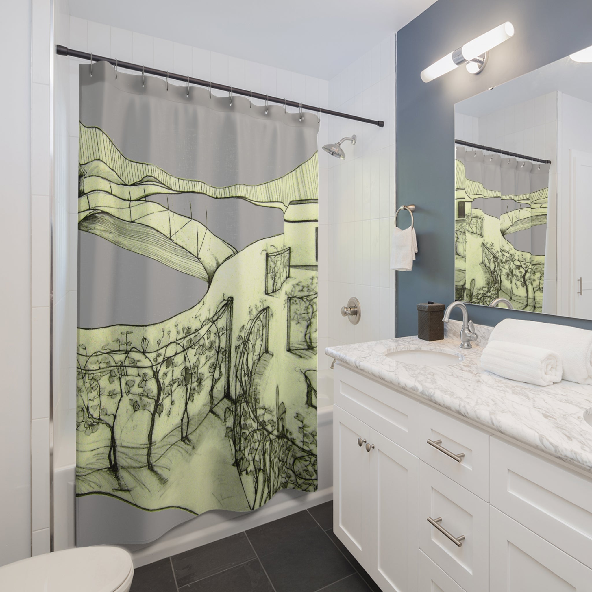 Modern bathroom styled with a Tuscan grey shower curtain featuring hand-drawn landscape linework