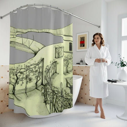 Designer Tuscan landscape shower curtain in a contemporary bathroom with grey background and green linework