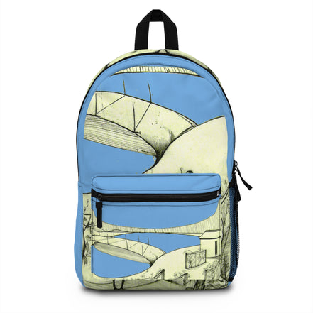 Tuscan blue hand-drawn landscape art backpack with sketch hills by WG Patrick Studios.