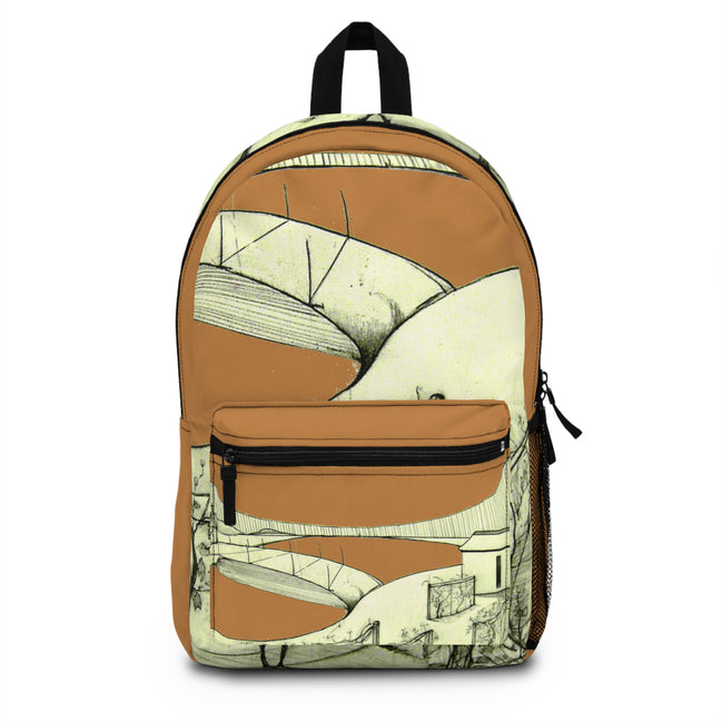 Tuscan light brown hand-drawn landscape art backpack with warm sketch hills by WG Patrick Studios.