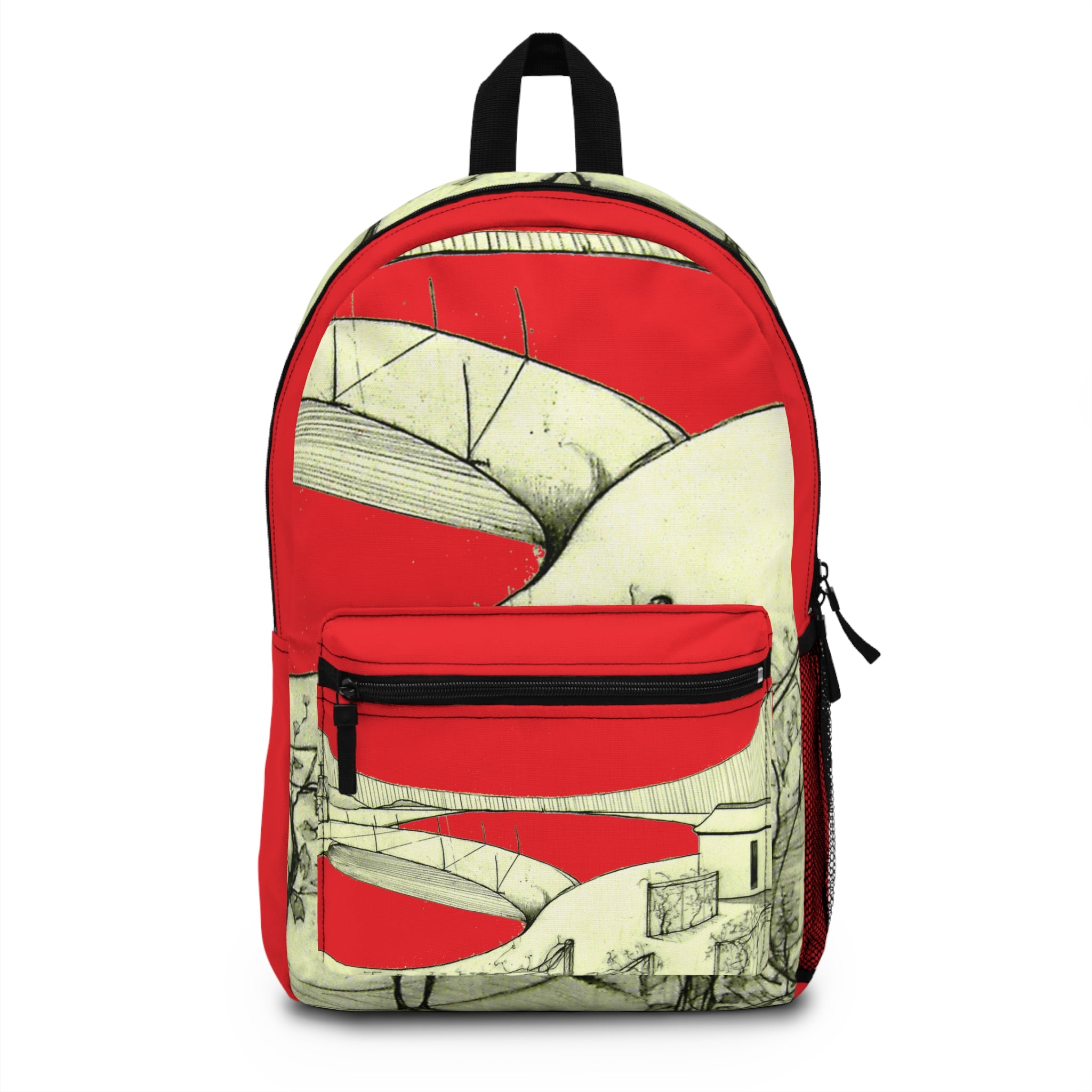 Tuscan red hand-drawn landscape art backpack with sketch hills by WG Patrick Studios.