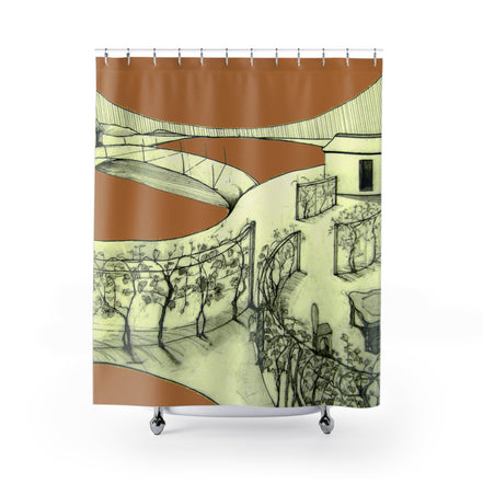 Tuscan light brown hand-drawn landscape art shower curtain with warm hills and village by WG Patrick Studios.